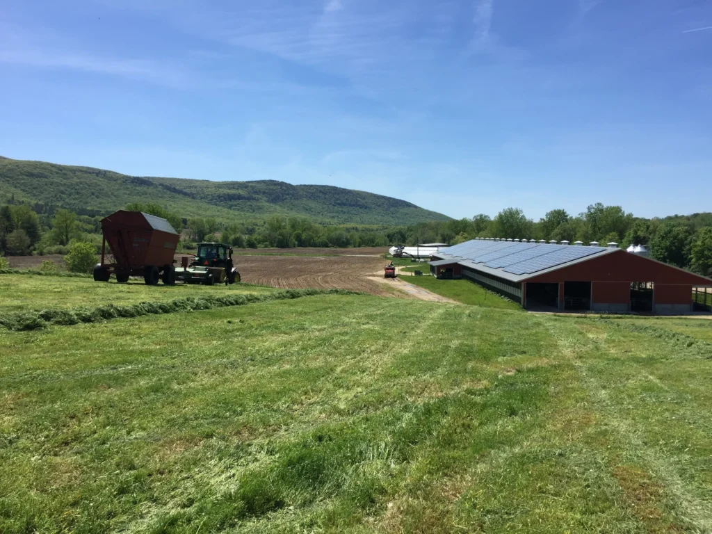 View of the barn and cropland at Freund's dairy farm.