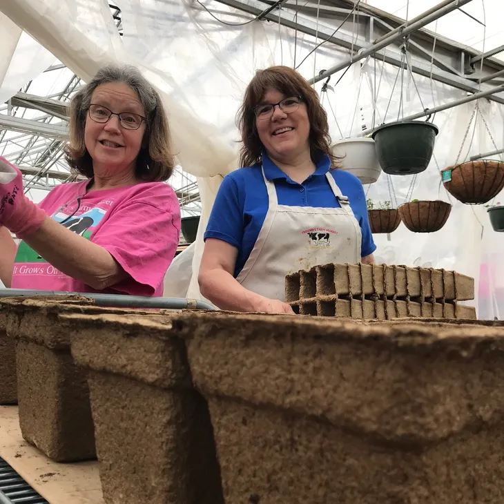 women working in greenhouse with cowpots